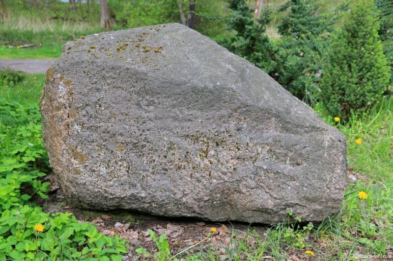 Głaz pamiątkowy w cieniu - inskrypcja jest prawie niewidoczna